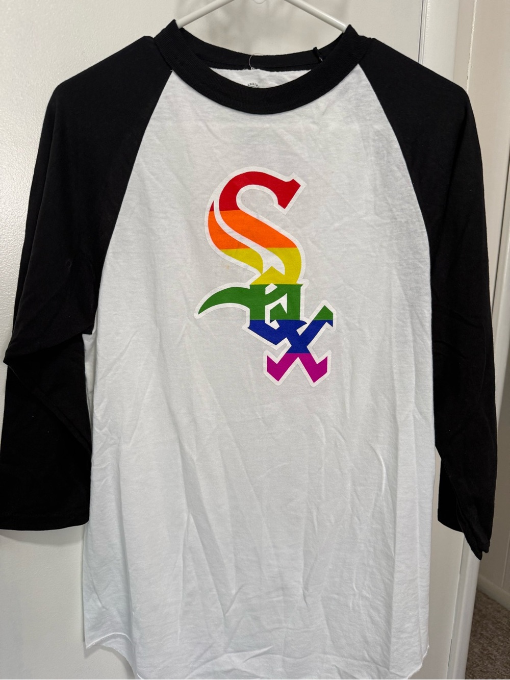 Men's Long Sleeve Raglan Tee with Rainbow Sox Logo - Black & White